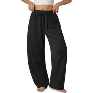 imageATHMILE Barrel Sweatpants Women Fall Fashion Wide Leg Pants 2025 Baggy Lounge Comfy Flowy Sweat Pants with PocketsBlack