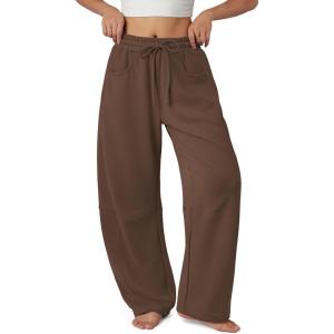 imageATHMILE Barrel Sweatpants Women Fall Fashion Wide Leg Pants 2025 Baggy Lounge Comfy Flowy Sweat Pants with PocketsCoffee