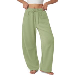 imageATHMILE Barrel Sweatpants Women Fall Fashion Wide Leg Pants 2025 Baggy Lounge Comfy Flowy Sweat Pants with PocketsGreen