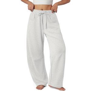 imageATHMILE Barrel Sweatpants Women Fall Fashion Wide Leg Pants 2025 Baggy Lounge Comfy Flowy Sweat Pants with PocketsHeather White