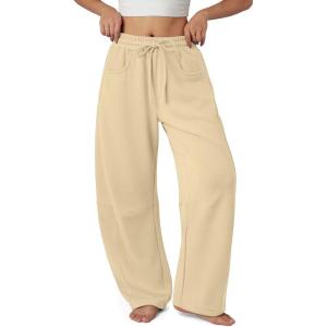 imageATHMILE Barrel Sweatpants Women Fall Fashion Wide Leg Pants 2025 Baggy Lounge Comfy Flowy Sweat Pants with PocketsLight Khaki