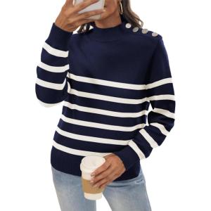 imageATHMILE Fall Mock Neck Striped Sweaters for Women 2025 Winter Turtleneck Long Sleeve Knit Sweater Fashion Pullover TopsNavy
