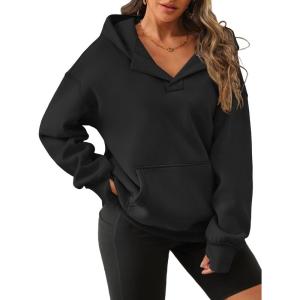 imageATHMILE Oversized Hoodies for Women Fashion V Neck Pullover Sweatshirts with Thumb Hole Y2k Clothes Fall Outfits 2025Black
