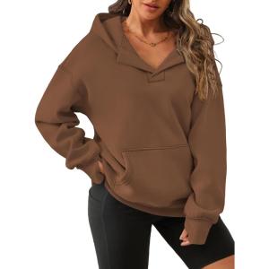imageATHMILE Oversized Hoodies for Women Fashion V Neck Pullover Sweatshirts with Thumb Hole Y2k Clothes Fall Outfits 2025Coffee