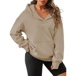 imageATHMILE Oversized Hoodies for Women Fashion V Neck Pullover Sweatshirts with Thumb Hole Y2k Clothes Fall Outfits 2025Coffeegrey