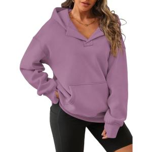 imageATHMILE Oversized Hoodies for Women Fashion V Neck Pullover Sweatshirts with Thumb Hole Y2k Clothes Fall Outfits 2025Dark Pink