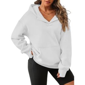 imageATHMILE Oversized Hoodies for Women Fashion V Neck Pullover Sweatshirts with Thumb Hole Y2k Clothes Fall Outfits 2025White