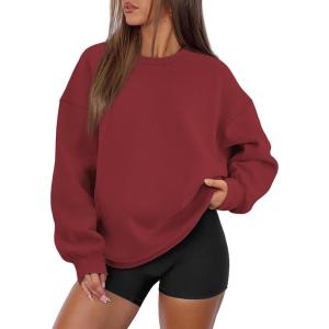 imageATHMILE Oversized Sweatshirt for Women Crewneck Fleece Long Sleeve Pullover Hoodies Tops Fall Fashion Outfits Clothes 2025Wine Red