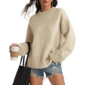 imageATHMILE Sweaters for Women 2025 Fall Fashion Outfits Long Sleeve Loose Casual Crewneck Ribbed Knit Pullover Winter ClothesApricot