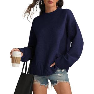 imageATHMILE Sweaters for Women 2025 Fall Fashion Outfits Long Sleeve Loose Casual Crewneck Ribbed Knit Pullover Winter ClothesNavy Blue