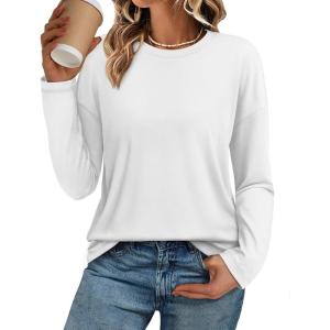 imageATHMILE Womens Long Sleeve Shirts Loose Fitted Crewneck Basic Tops Casual Outfits Fall Clothes 2025White
