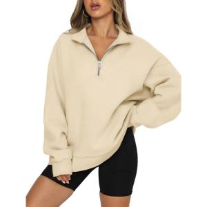 imageATHMILE Womens Oversized Sweatshirts Fall Fashion Hoodies Half Zip Fleece Pullover Long Sleeve Y2K Clothes with Side PocketsApricot