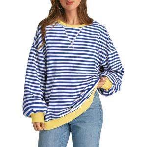 imageATHMILE Womens Striped Oversized Sweatshirt Long Sleeve Shirts for Women Crewneck Hoodies Casual Pullover Top Y2K TopsBlue White