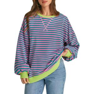 imageATHMILE Womens Striped Oversized Sweatshirt Long Sleeve Shirts for Women Crewneck Hoodies Casual Pullover Top Y2K TopsPink Green