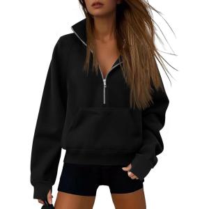 imageATHMILE Womens Sweatshirts Half Zip Cropped Pullover Fleece Quarter Zipper Hoodies 2025 Fall Fashion Outfits ClothesBlack