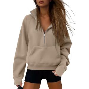 imageATHMILE Womens Sweatshirts Half Zip Cropped Pullover Fleece Quarter Zipper Hoodies 2025 Fall Fashion Outfits ClothesCoffeegrey