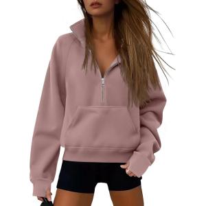 imageATHMILE Womens Sweatshirts Half Zip Cropped Pullover Fleece Quarter Zipper Hoodies 2025 Fall Fashion Outfits ClothesDarkpink