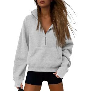 imageATHMILE Womens Sweatshirts Half Zip Cropped Pullover Fleece Quarter Zipper Hoodies 2025 Fall Fashion Outfits ClothesGrey