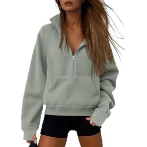 imageATHMILE Womens Sweatshirts Half Zip Cropped Pullover Fleece Quarter Zipper Hoodies 2025 Fall Fashion Outfits ClothesGreygreen