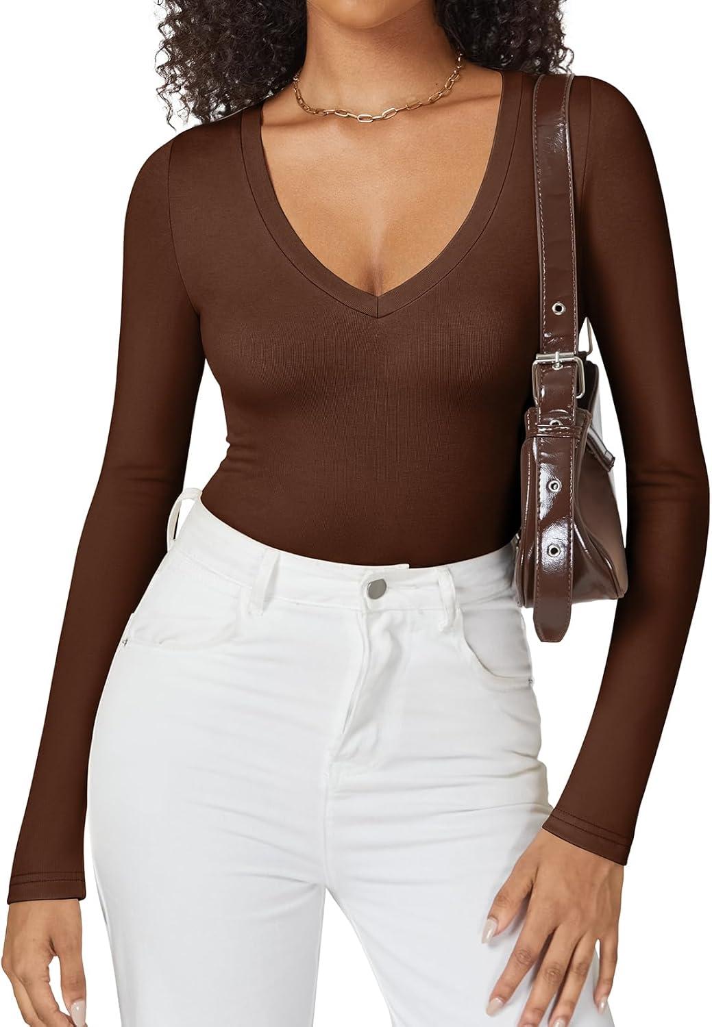 imageATHMILE Deep V Neck Long Sleeve Bodysuits for Women Sexy Going Out Tops Body SuitsCoffee