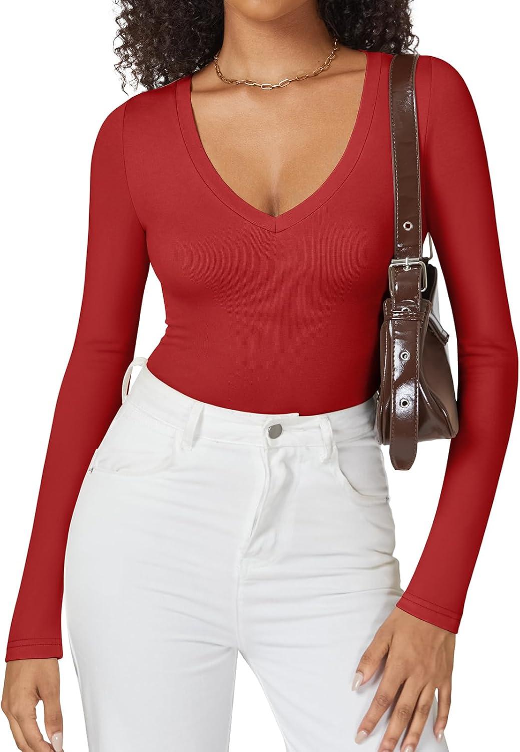 imageATHMILE Deep V Neck Long Sleeve Bodysuits for Women Sexy Going Out Tops Body SuitsRed