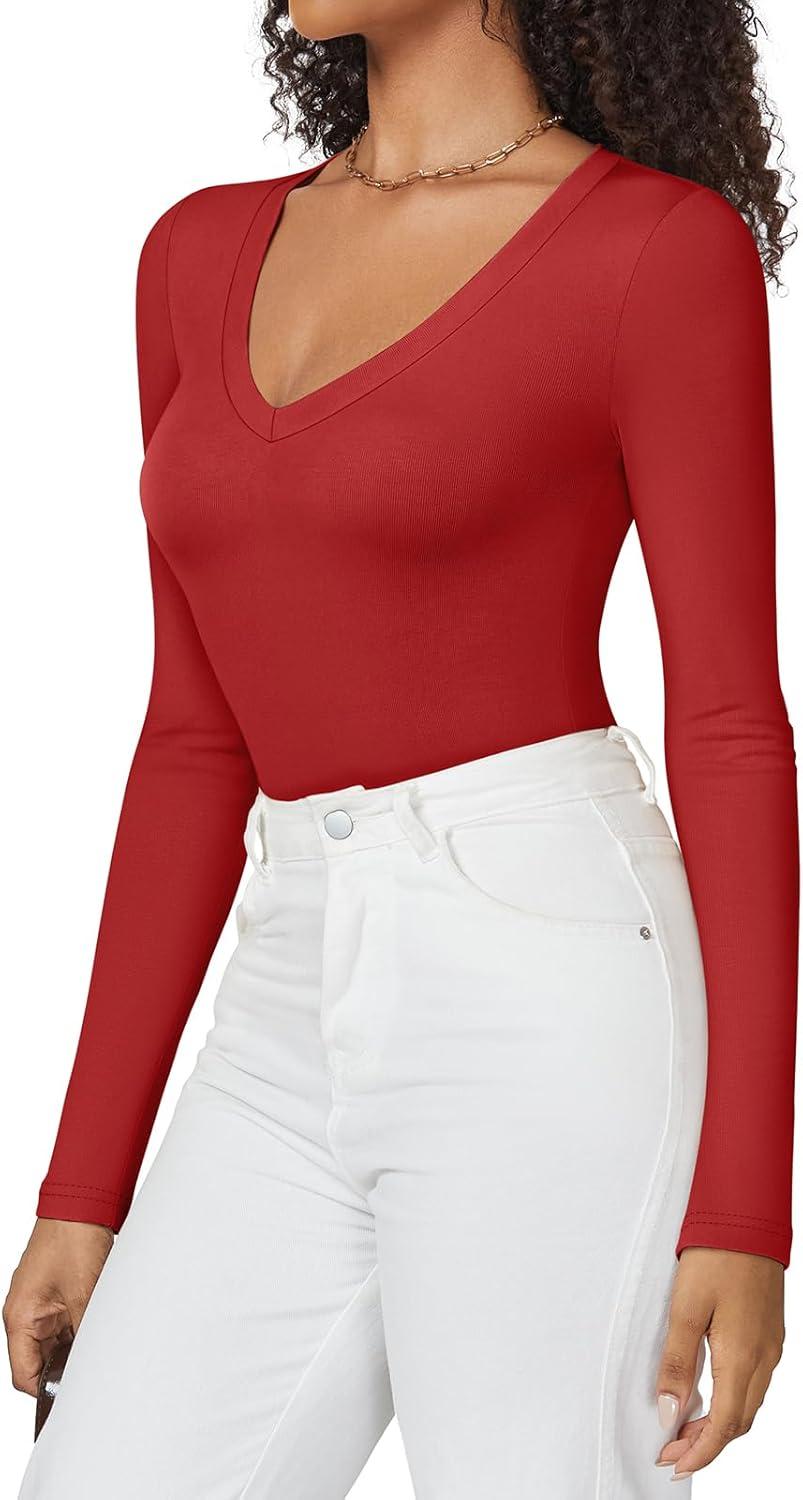 imageATHMILE Deep V Neck Long Sleeve Bodysuits for Women Sexy Going Out Tops Body SuitsRed