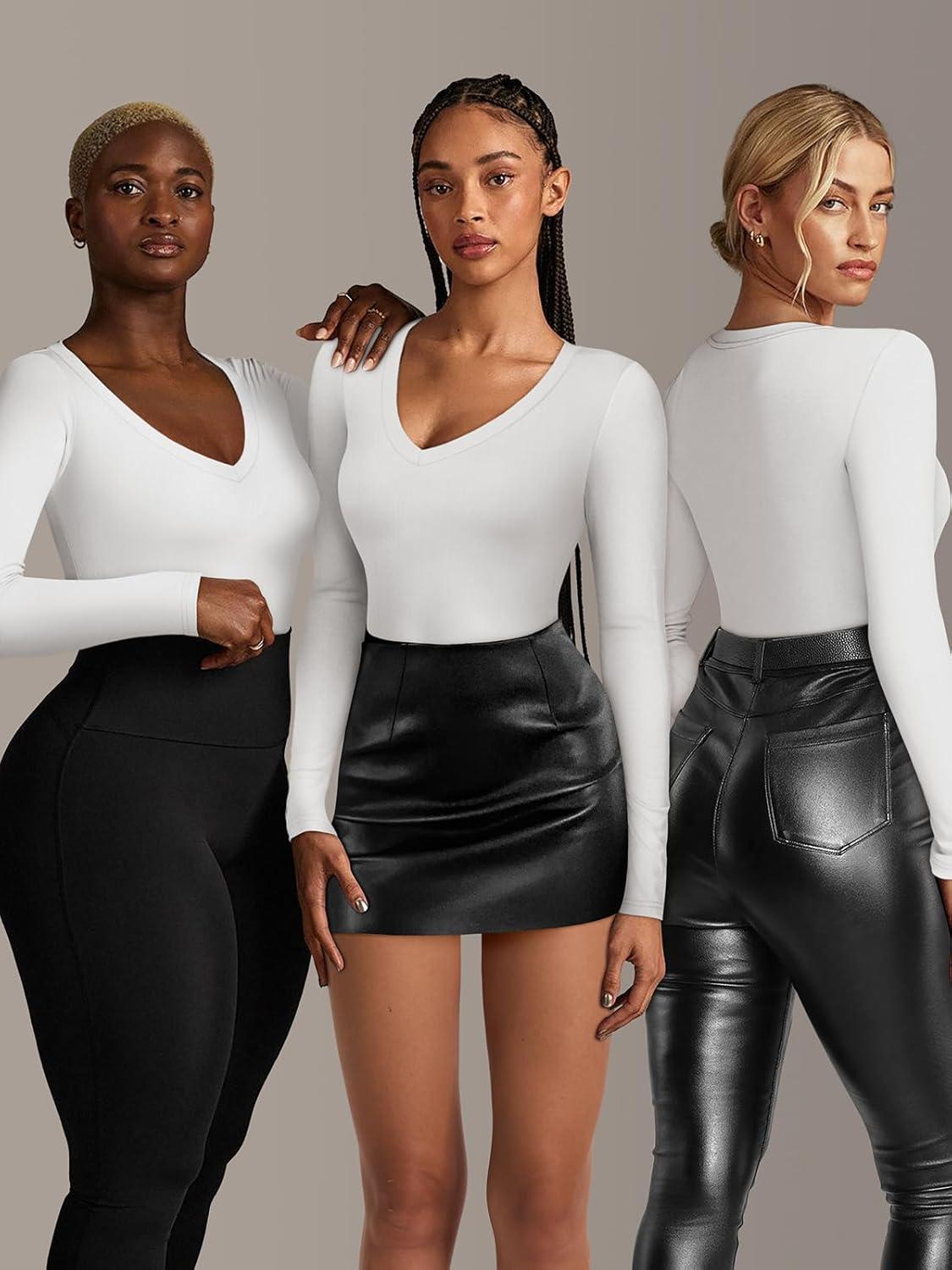 imageATHMILE Deep V Neck Long Sleeve Bodysuits for Women Sexy Going Out Tops Body SuitsWhite