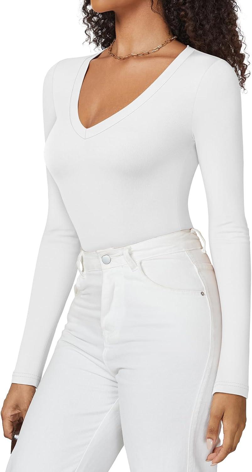 imageATHMILE Deep V Neck Long Sleeve Bodysuits for Women Sexy Going Out Tops Body SuitsWhite