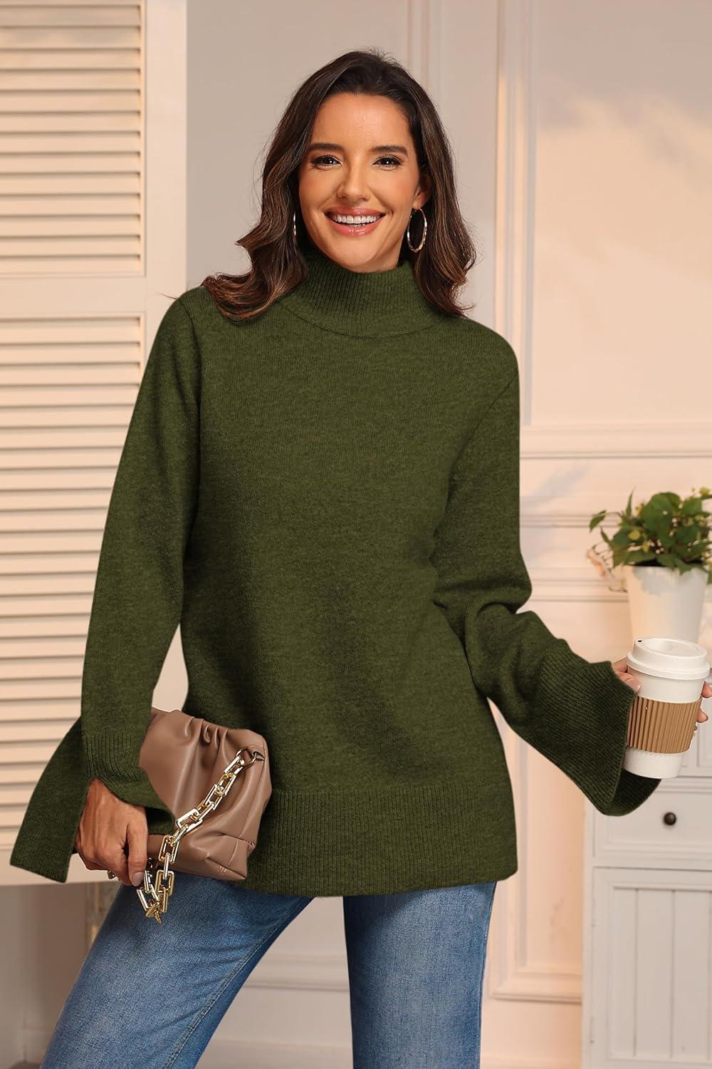 imageATHMILE Fall Fashion Sweaters for Women Turtleneck Long Sleeve Casual Loose Knit Pullover Tops Winter Clothes 2025Army Green