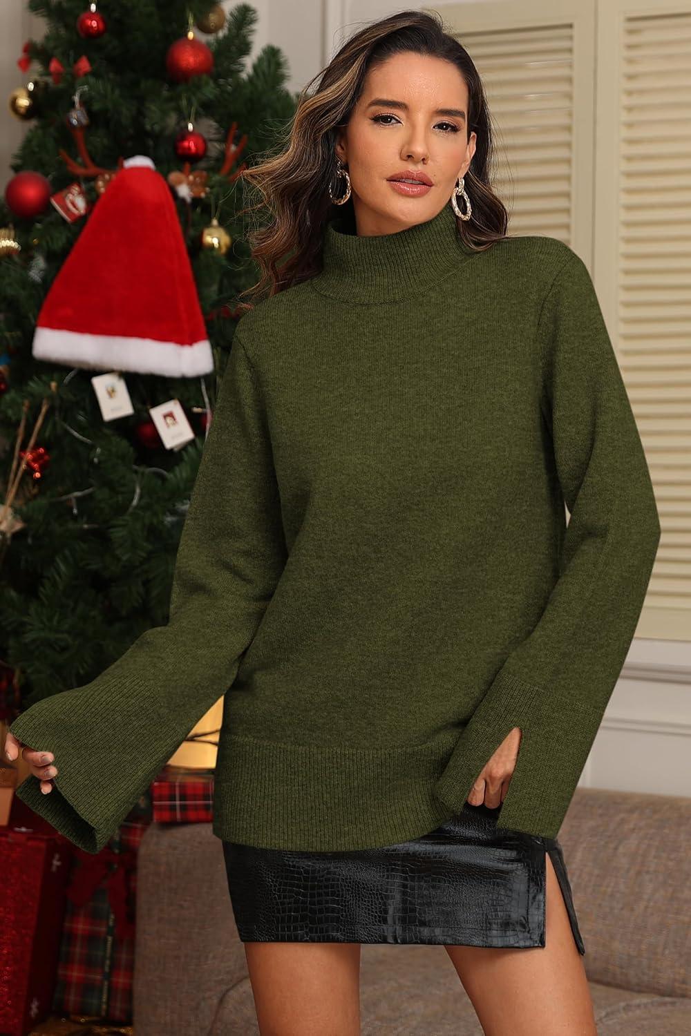 imageATHMILE Fall Fashion Sweaters for Women Turtleneck Long Sleeve Casual Loose Knit Pullover Tops Winter Clothes 2025Army Green