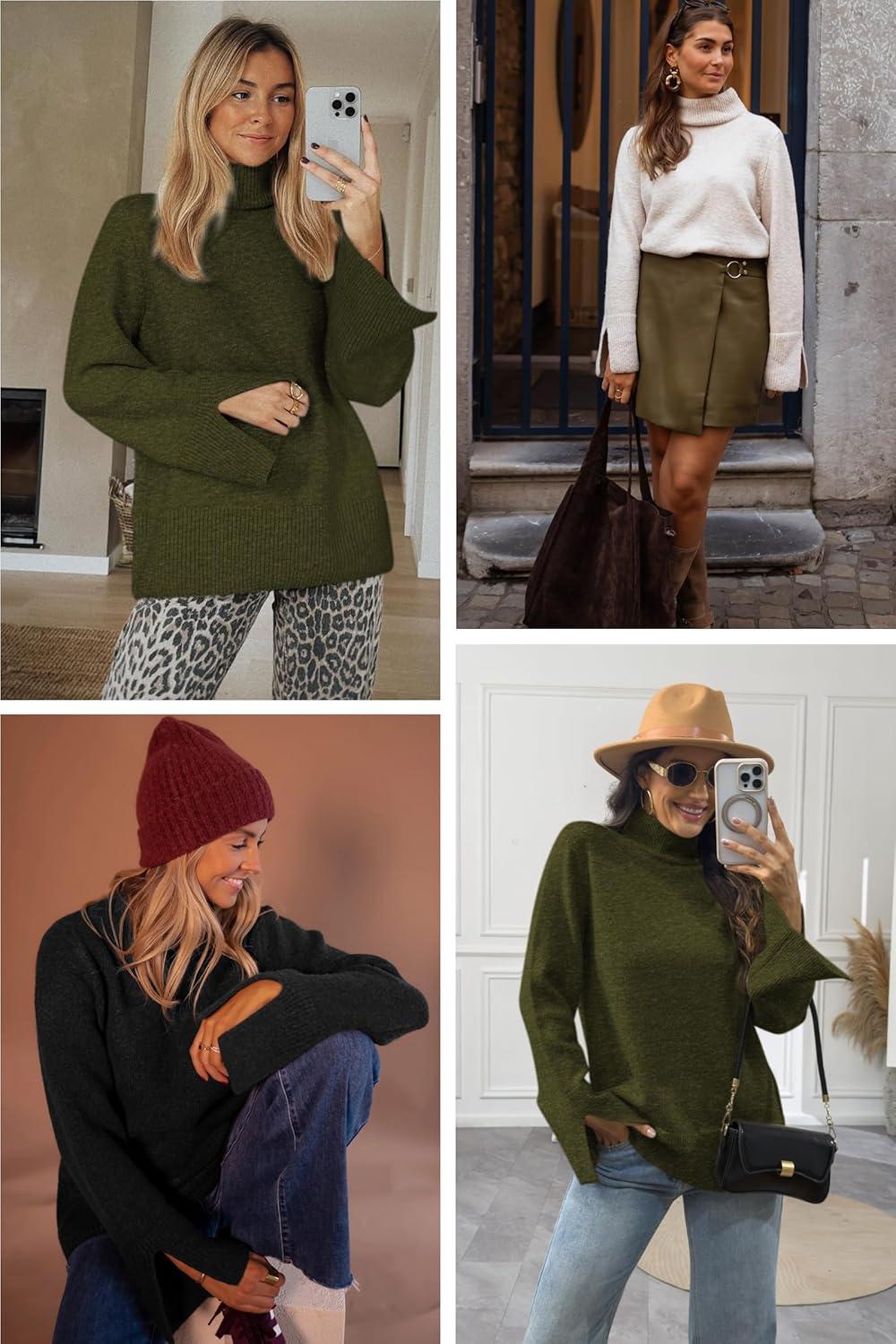 imageATHMILE Fall Fashion Sweaters for Women Turtleneck Long Sleeve Casual Loose Knit Pullover Tops Winter Clothes 2025Army Green