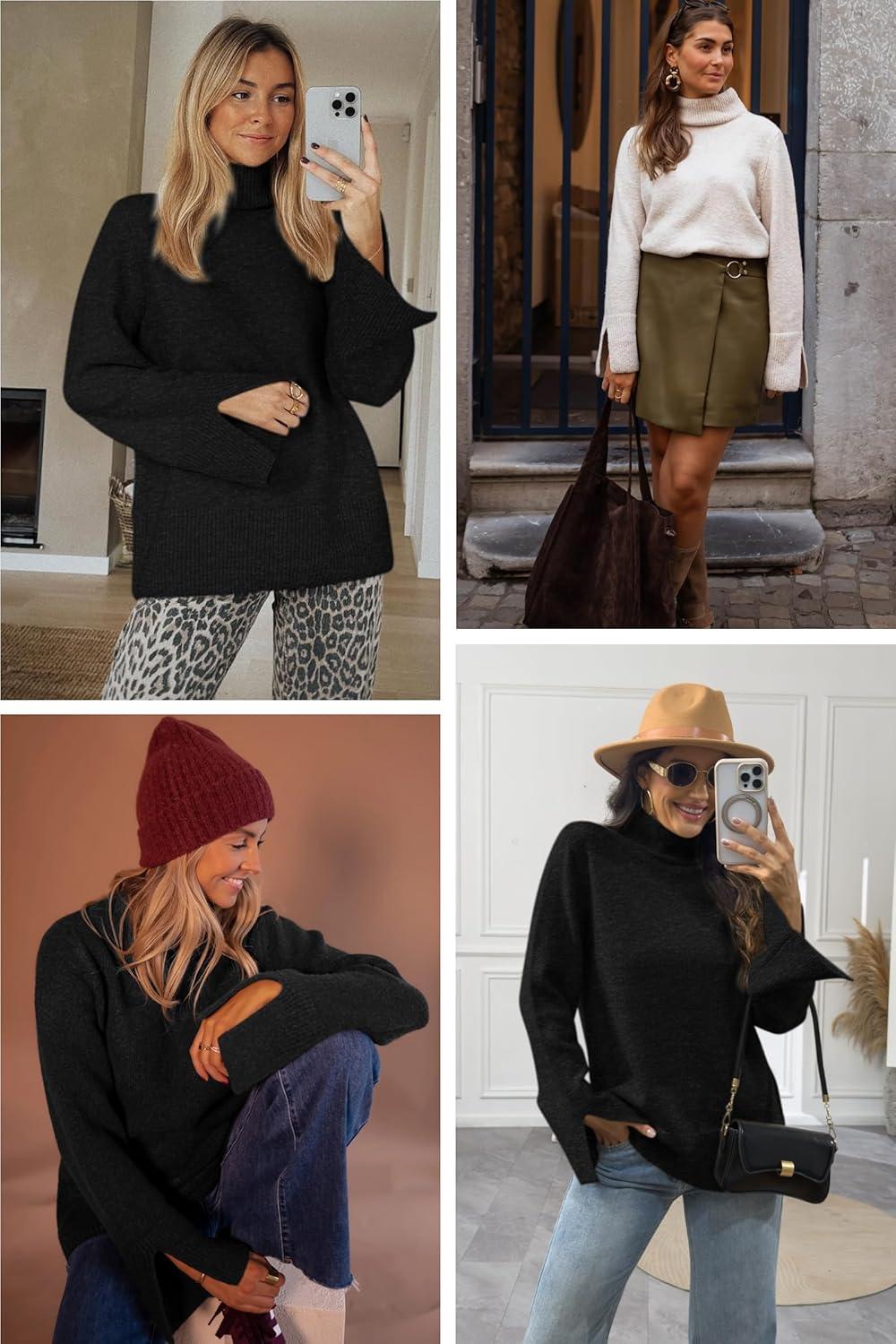 imageATHMILE Fall Fashion Sweaters for Women Turtleneck Long Sleeve Casual Loose Knit Pullover Tops Winter Clothes 2025Black