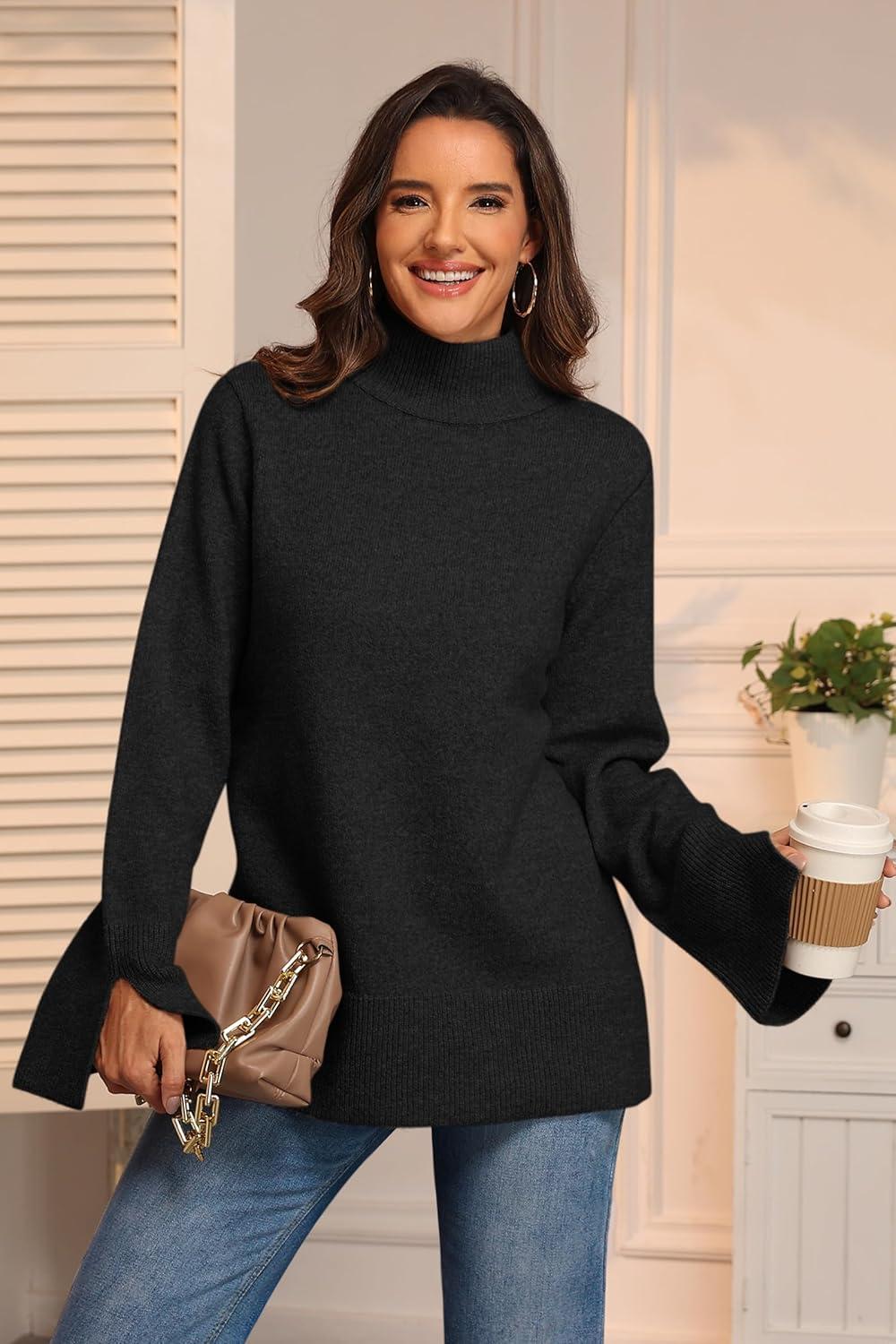 imageATHMILE Fall Fashion Sweaters for Women Turtleneck Long Sleeve Casual Loose Knit Pullover Tops Winter Clothes 2025Black