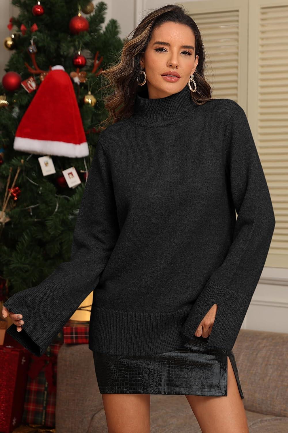 imageATHMILE Fall Fashion Sweaters for Women Turtleneck Long Sleeve Casual Loose Knit Pullover Tops Winter Clothes 2025Black