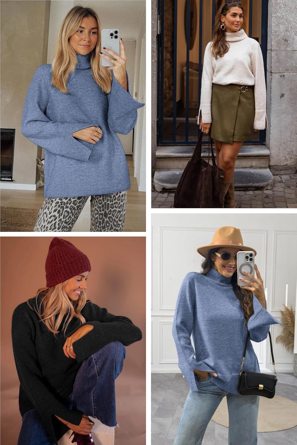 imageATHMILE Fall Fashion Sweaters for Women Turtleneck Long Sleeve Casual Loose Knit Pullover Tops Winter Clothes 2025Blue