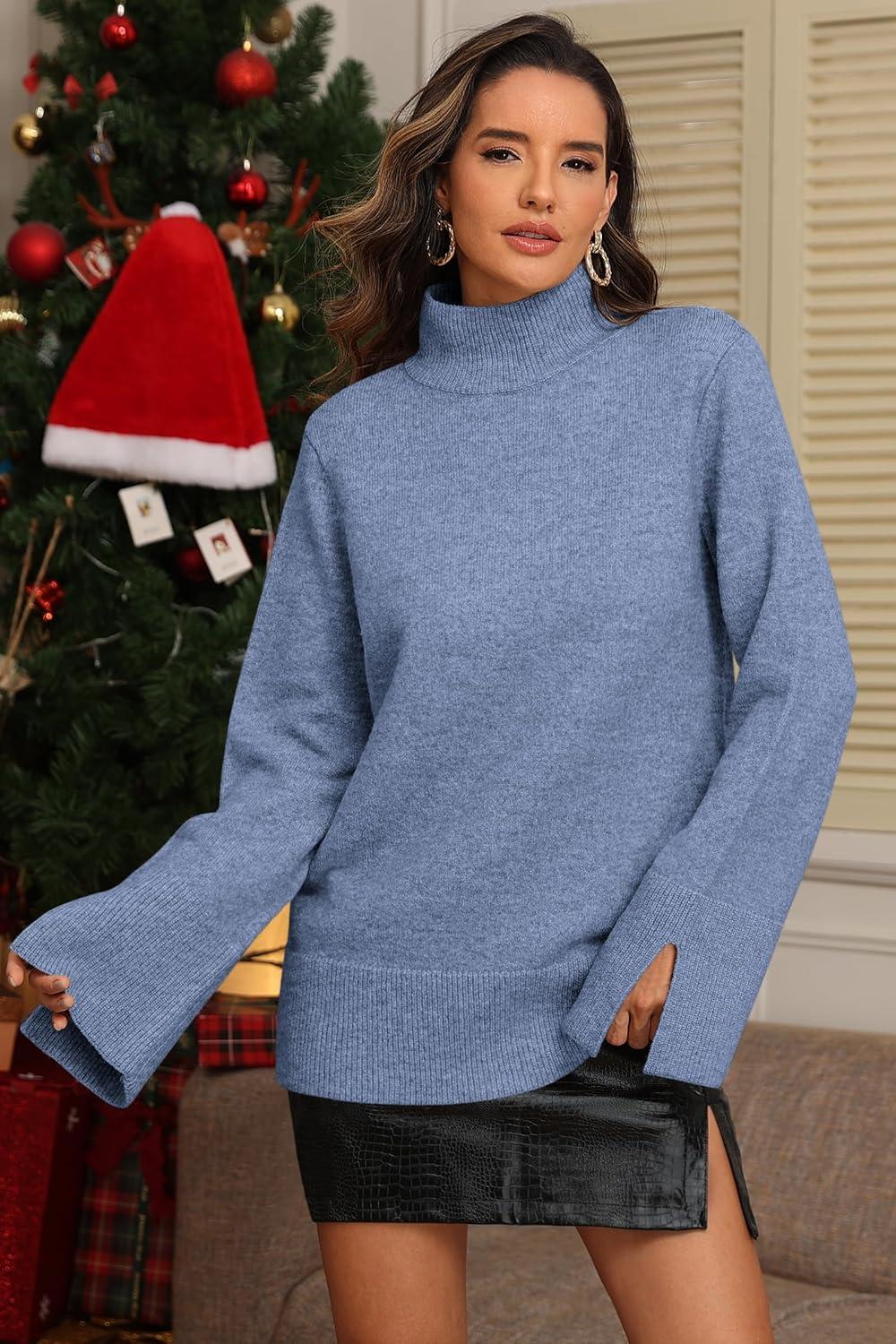 imageATHMILE Fall Fashion Sweaters for Women Turtleneck Long Sleeve Casual Loose Knit Pullover Tops Winter Clothes 2025Blue