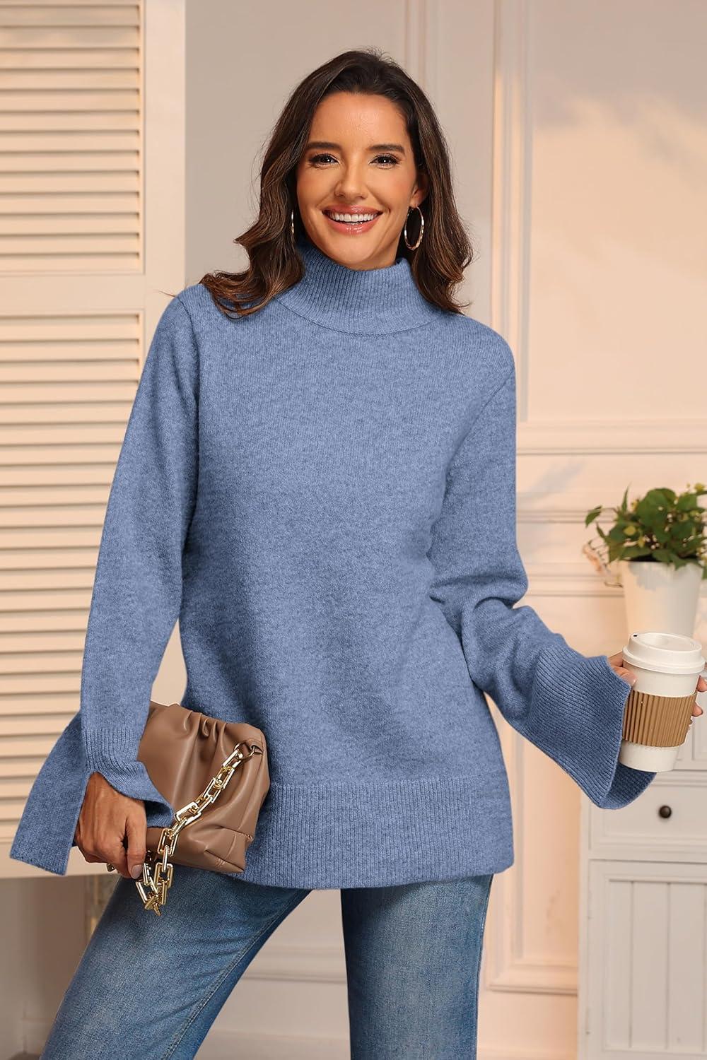 imageATHMILE Fall Fashion Sweaters for Women Turtleneck Long Sleeve Casual Loose Knit Pullover Tops Winter Clothes 2025Blue