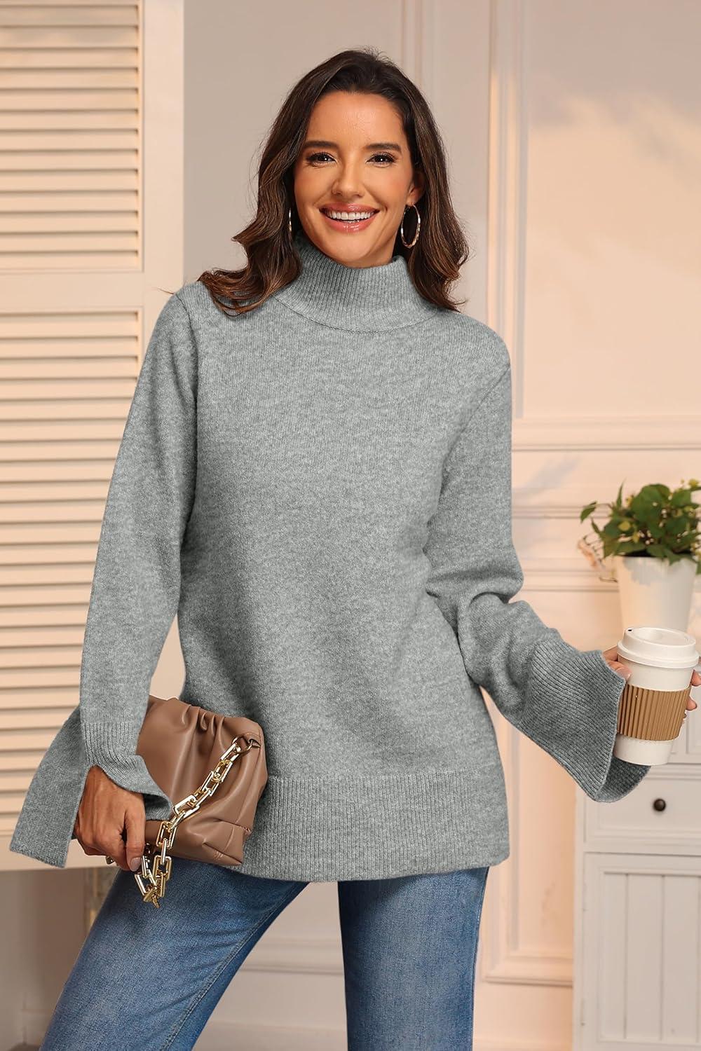 imageATHMILE Fall Fashion Sweaters for Women Turtleneck Long Sleeve Casual Loose Knit Pullover Tops Winter Clothes 2025Grey