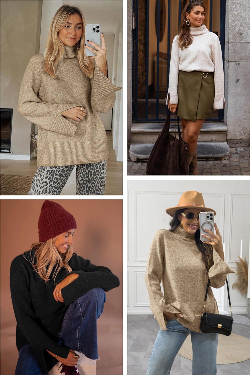 imageATHMILE Fall Fashion Sweaters for Women Turtleneck Long Sleeve Casual Loose Knit Pullover Tops Winter Clothes 2025Khaki