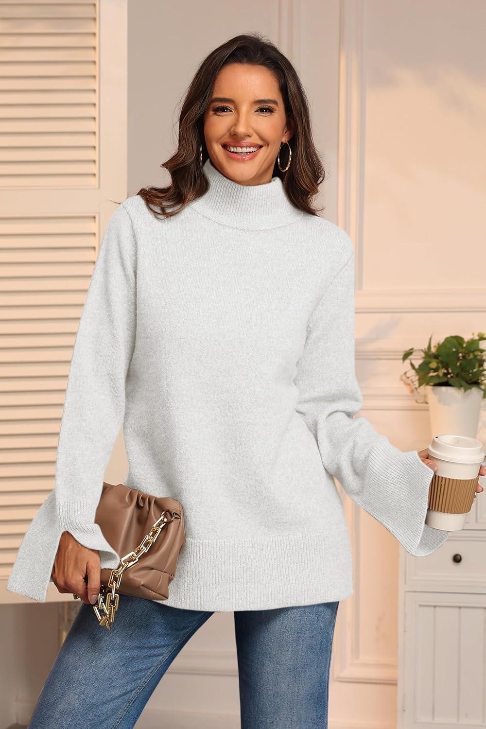 imageATHMILE Fall Fashion Sweaters for Women Turtleneck Long Sleeve Casual Loose Knit Pullover Tops Winter Clothes 2025White