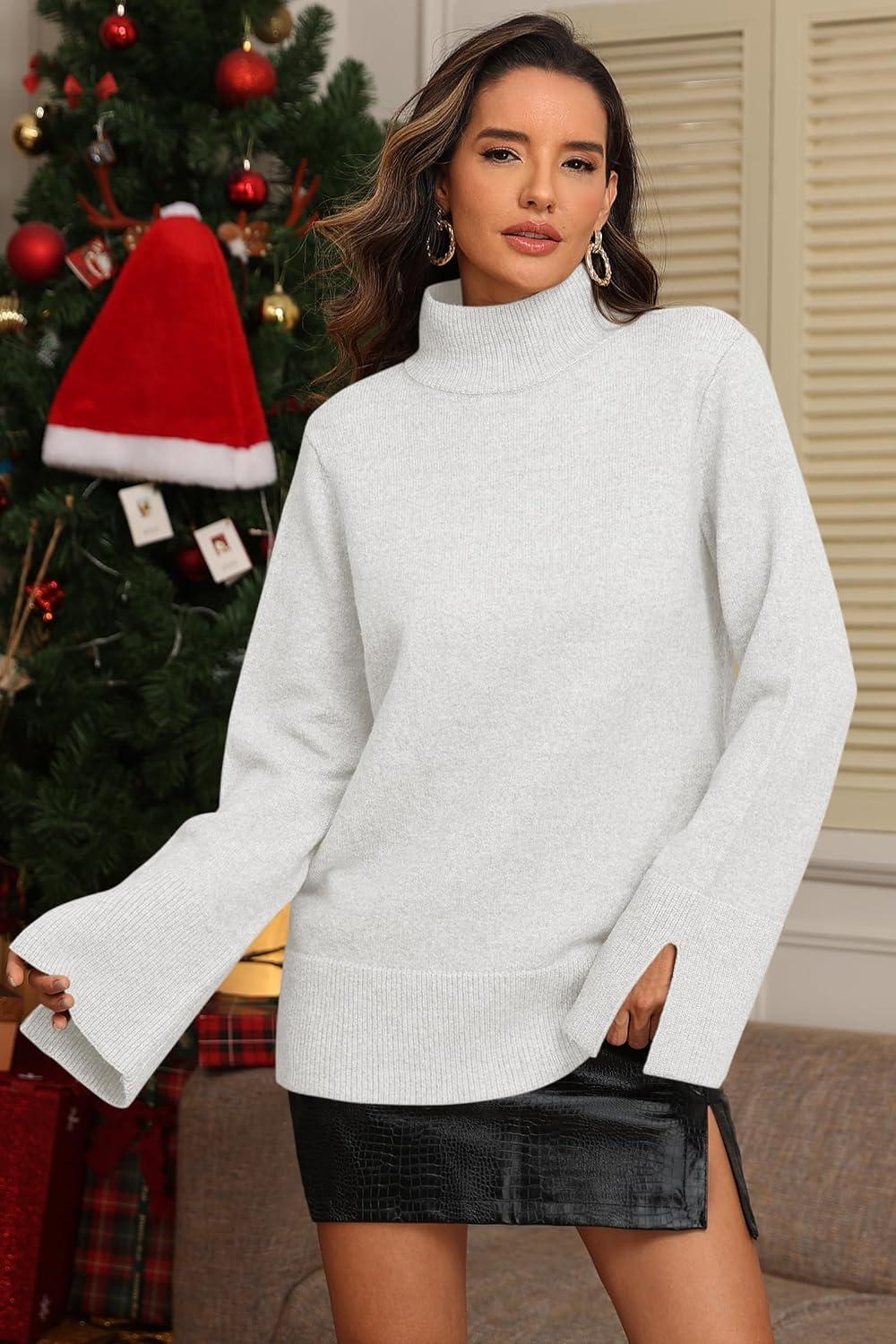 imageATHMILE Fall Fashion Sweaters for Women Turtleneck Long Sleeve Casual Loose Knit Pullover Tops Winter Clothes 2025White