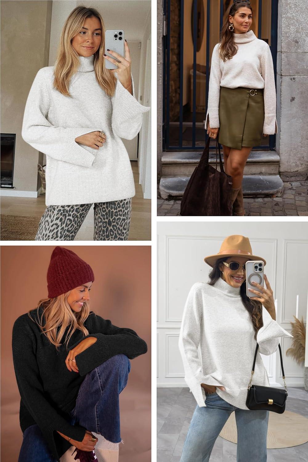 imageATHMILE Fall Fashion Sweaters for Women Turtleneck Long Sleeve Casual Loose Knit Pullover Tops Winter Clothes 2025White