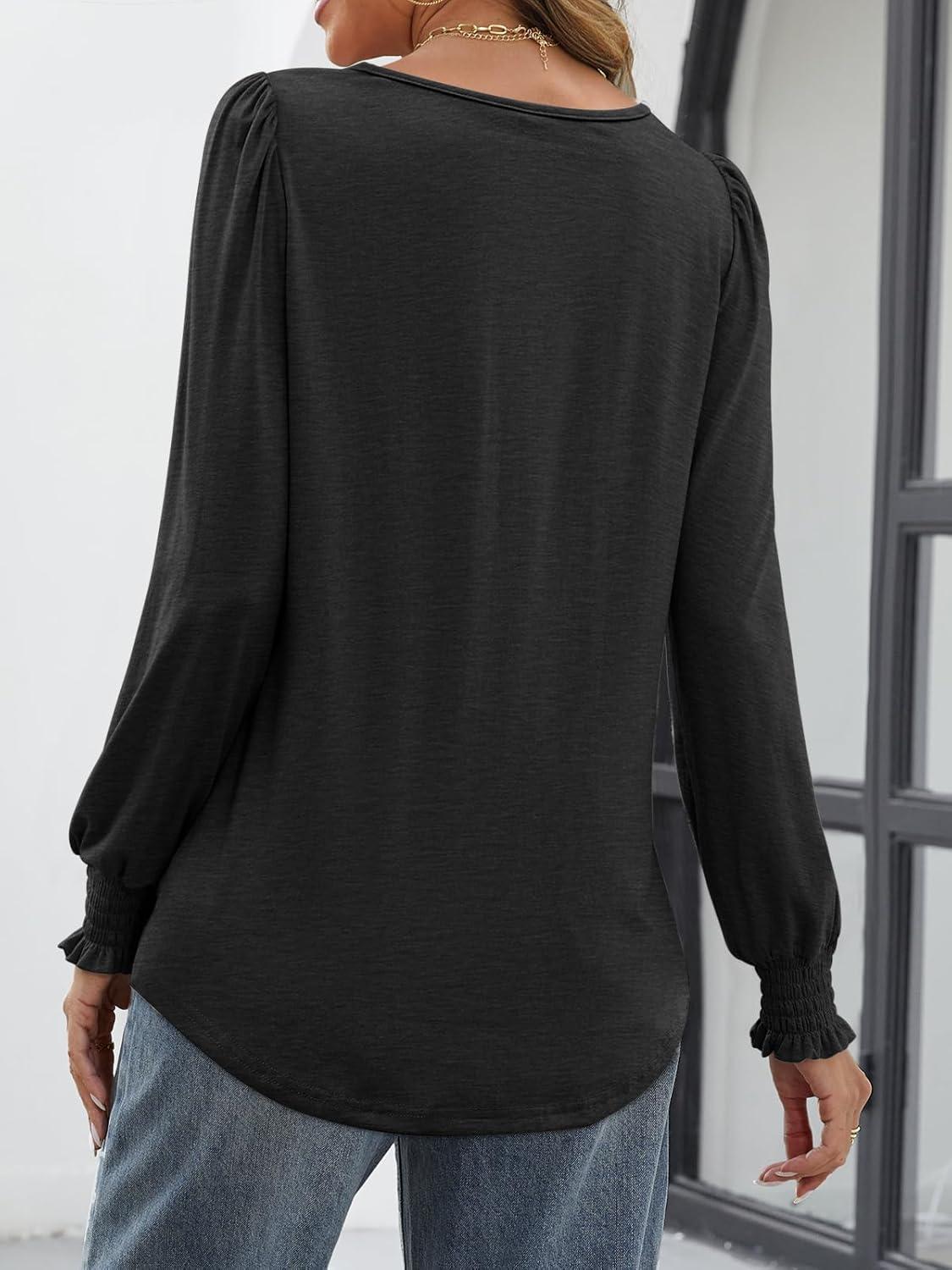 imageATHMILE Fall Long Sleeve Shirts for Women Business Casual Crewneck Tops Dressy Blouses with Smocked Cuffs Teacher OutfitsBlack