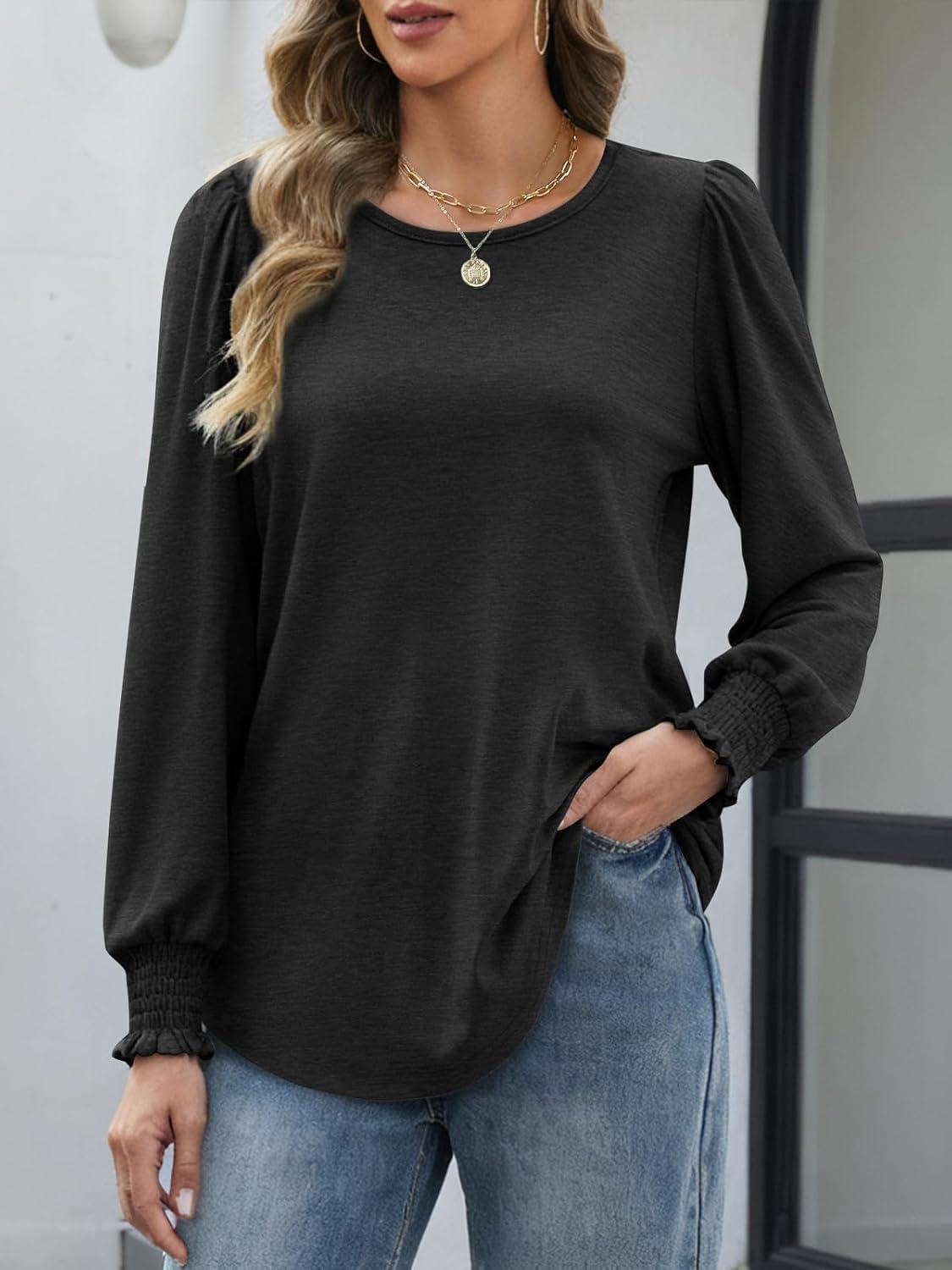 imageATHMILE Fall Long Sleeve Shirts for Women Business Casual Crewneck Tops Dressy Blouses with Smocked Cuffs Teacher OutfitsBlack