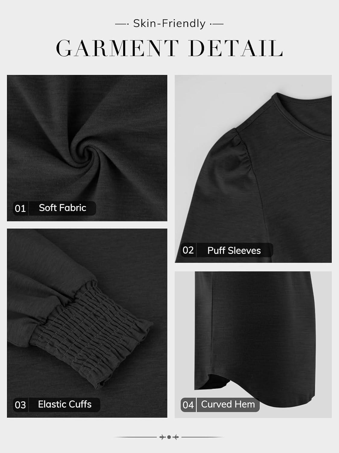 imageATHMILE Fall Long Sleeve Shirts for Women Business Casual Crewneck Tops Dressy Blouses with Smocked Cuffs Teacher OutfitsBlack