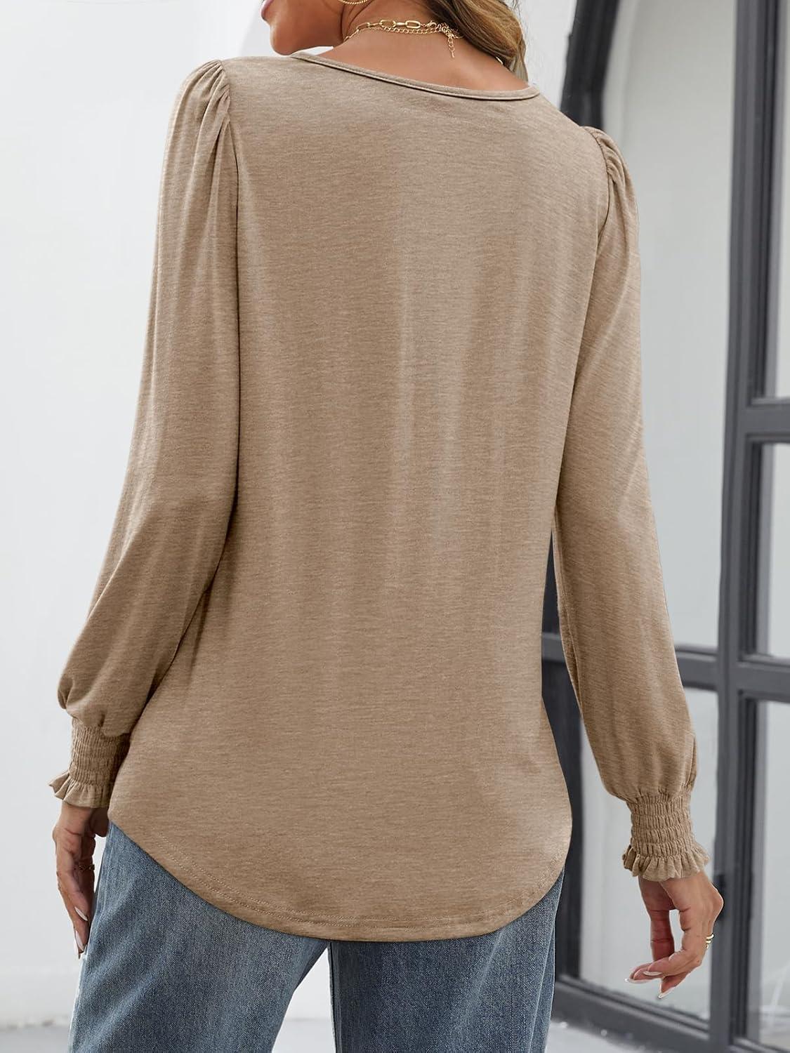 imageATHMILE Fall Long Sleeve Shirts for Women Business Casual Crewneck Tops Dressy Blouses with Smocked Cuffs Teacher OutfitsKhaki