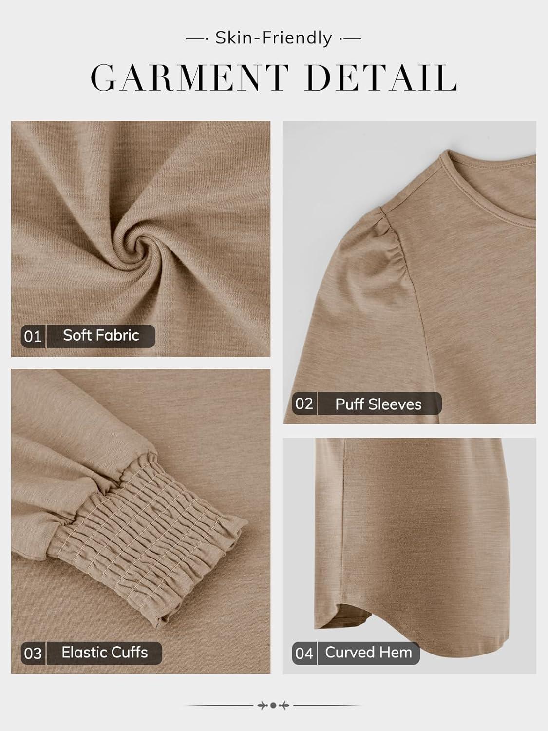 imageATHMILE Fall Long Sleeve Shirts for Women Business Casual Crewneck Tops Dressy Blouses with Smocked Cuffs Teacher OutfitsKhaki