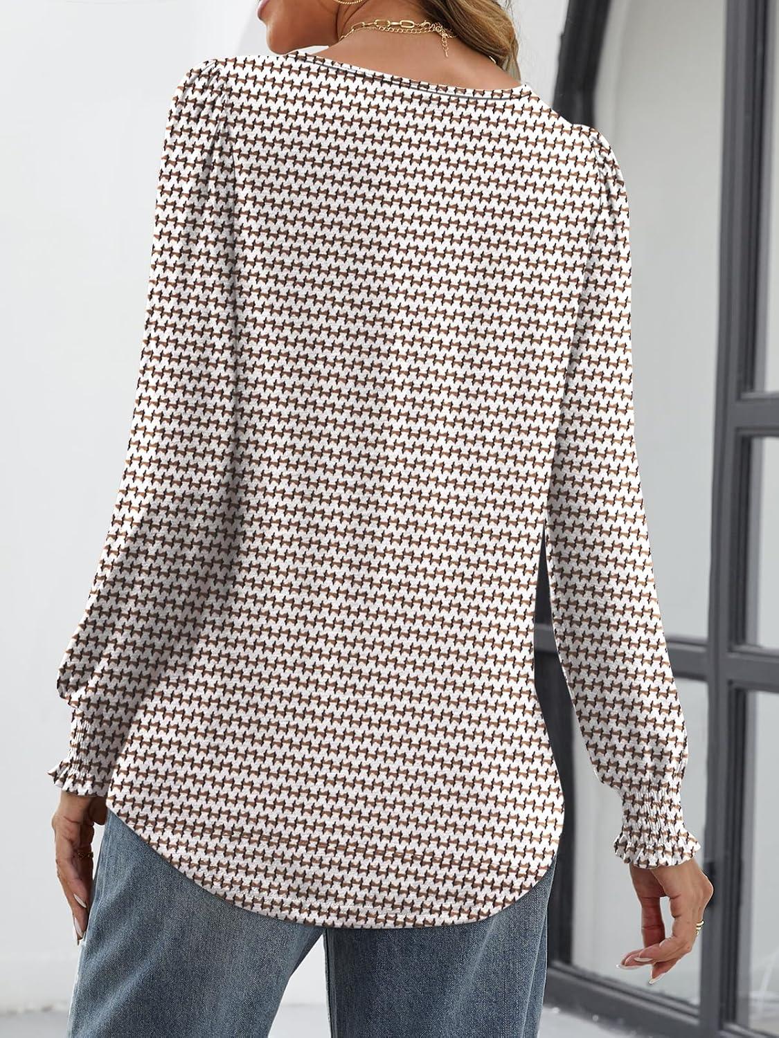 imageATHMILE Fall Long Sleeve Shirts for Women Business Casual Crewneck Tops Dressy Blouses with Smocked Cuffs Teacher OutfitsKhaki Stripe