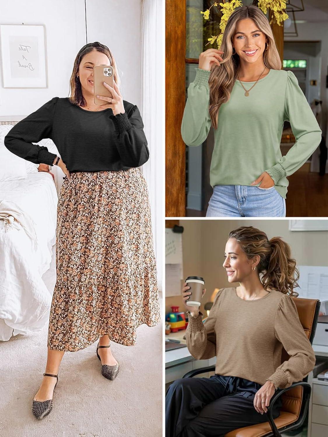 imageATHMILE Fall Long Sleeve Shirts for Women Business Casual Crewneck Tops Dressy Blouses with Smocked Cuffs Teacher OutfitsKhaki Stripe