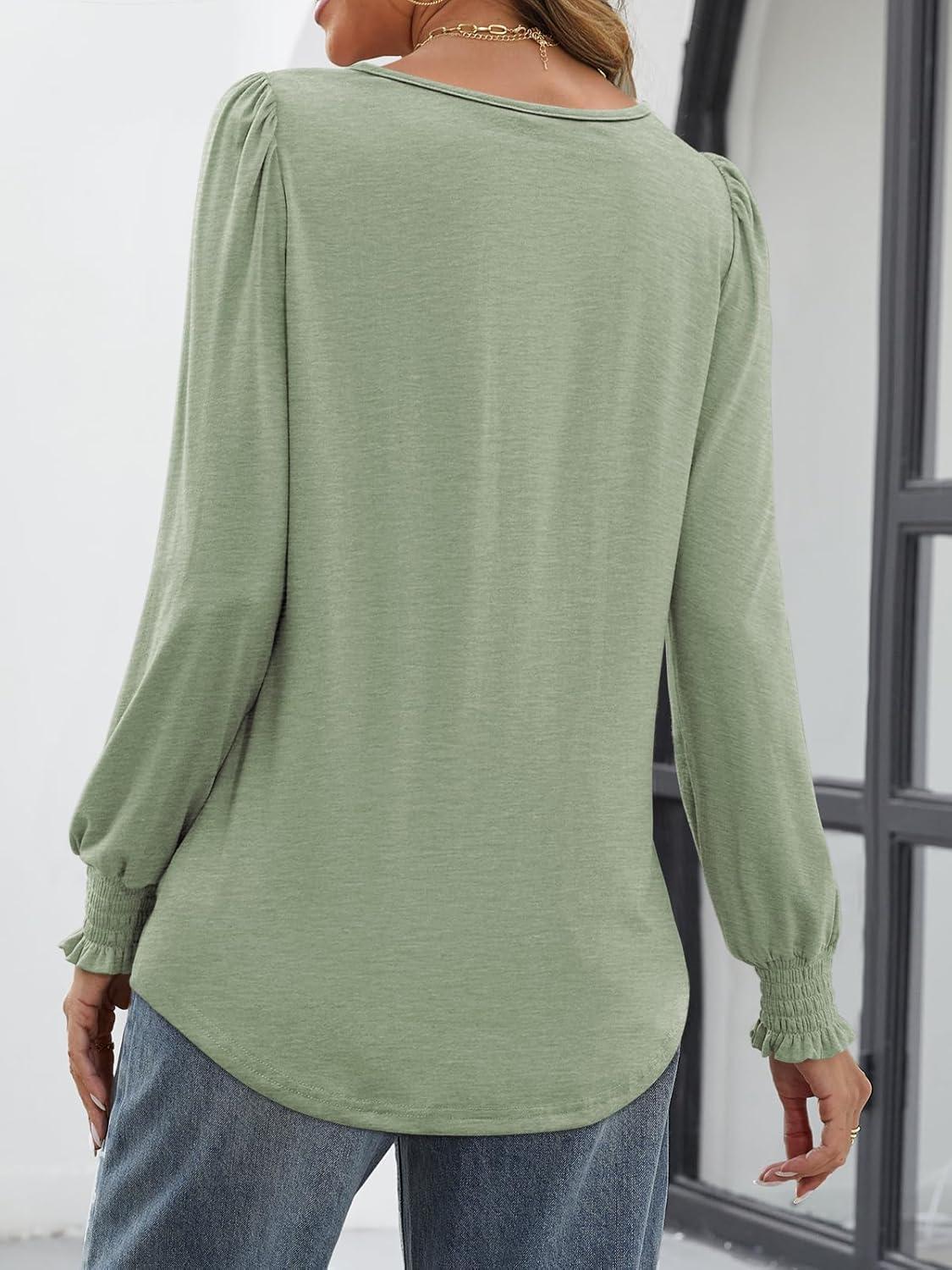 imageATHMILE Fall Long Sleeve Shirts for Women Business Casual Crewneck Tops Dressy Blouses with Smocked Cuffs Teacher OutfitsLight Green